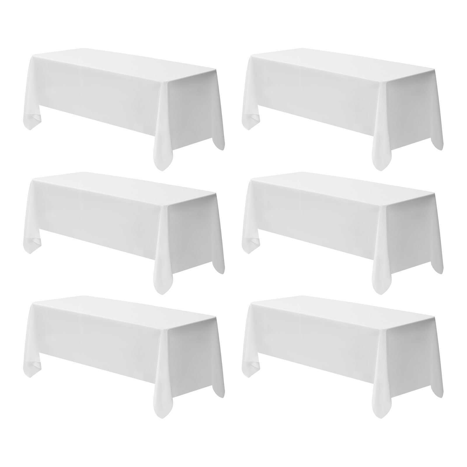 white tablecloths for rectangle tables, 6 pack, 70 x 120 inches, reusable and machine washable table clothes, wrinkle resistant polyester fabric table covers for wedding, party, banquet