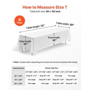 white tablecloths for rectangle tables, 6 pack, 90 x 132 inches, reusable and machine washable table clothes, wrinkle resistant polyester fabric table covers for wedding, party, banquet
