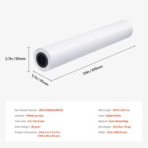 wide format paper, 24 in x 150 ft plotter paper, 4 rolls cad bond rolls with 2 in core, 20 lb bond paper rolls, idea for cad drawings, engineering plans, gis maps & architectural designs