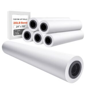 Wide Format Paper, 24 in x 150 ft Plotter Paper, 6 Rolls CAD Bond Rolls with 2 in Core, 20 LB Bond Paper Rolls, Idea for CAD Drawings, Engineering Plans, GIS Maps & Architectural Designs