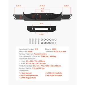 winch mount, winch capacity of 12000 lbs / 5443 kg, trailer hitch winch mount for select jeep wrangler jl/jlu & gladiator jt model (2018 2023), 2 mounting hole design, powder coated steel, black