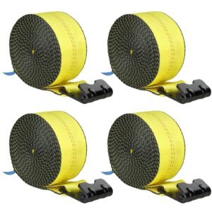 winch straps, 4" x 30', 6000 lbs load capacity, 18000 lbs break strength, truck straps with flat hook, flatbed tie downs cargo control for trailers, farms, rescues, tree saver, yellow (4 pack)