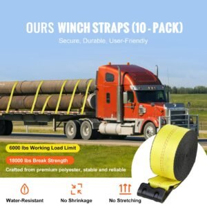 winch straps, 4" x 40', 6000 lbs load capacity, 18000 lbs break strength, truck straps with flat hook, flatbed tie downs cargo control for trailers, farms, rescues, tree saver, yellow (10 pack)