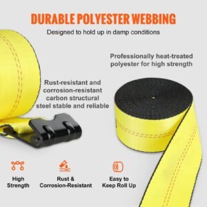 winch straps, 4" x 40', 6000 lbs load capacity, 18000 lbs break strength, truck straps with flat hook, flatbed tie downs cargo control for trailers, farms, rescues, tree saver, yellow (10 pack)