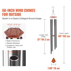 wind chimes for outside, 60 in, deep tone wind chimes with 6 tubes, unique large memorial wind chimes for anniversary, amazing outdoor decor for your patio, porch, garden and backyard, black