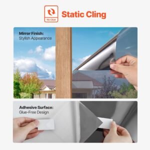 window privacy film, one way window tint, daytime mirror reflective heat control glass, static cling sun blocking see out not in window film for home and office, black silver, 35.4 in x 13.1 ft