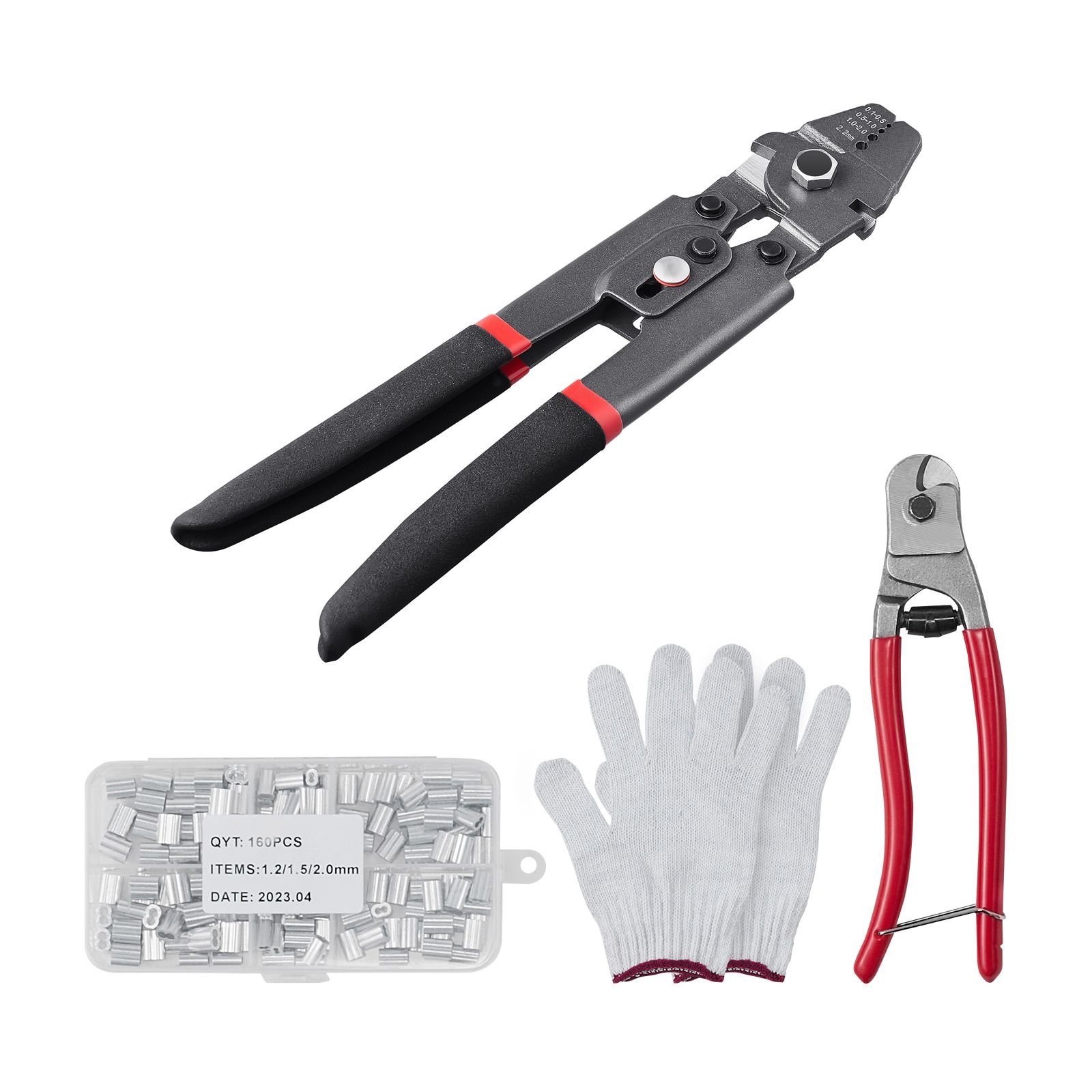 wire rope crimping tool and cutter up to 2.2mm wire cable crimps, 1/64" 3/32" crimping loop sleeve kit and 160pcs aluminum buckles, fishing crimping tool wire rope thimbles kit