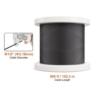 wire rope kit, 1/8" 500 ft 316 stainless steel cable with cutter and gloves, 1600 lbs breaking strength, 7x7 strands core marine aircraft grade for handrail stair decking fence outdoors, black