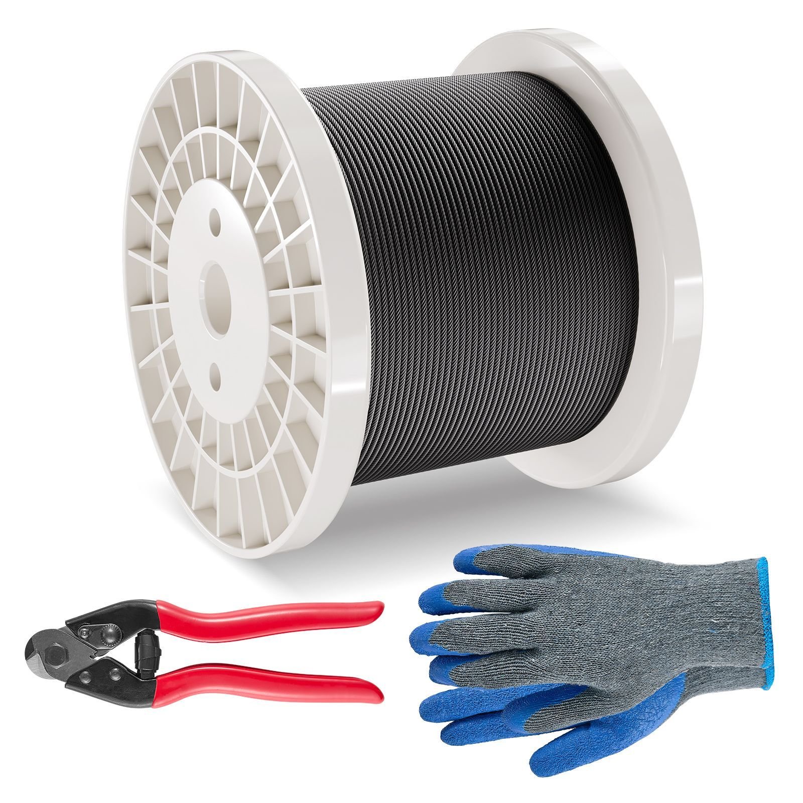wire rope kit, 1/8" 500 ft 316 stainless steel cable with cutter and gloves, 1600 lbs breaking strength, 7x7 strands core marine aircraft grade for handrail stair decking fence outdoors, black