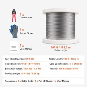 wire rope kit, 1/8" 600 ft 316 stainless steel cable with cutter and gloves, 1600 lbs breaking strength, 7x7 strands construction marine aircraft grade for handrail stair decking fence outdoors