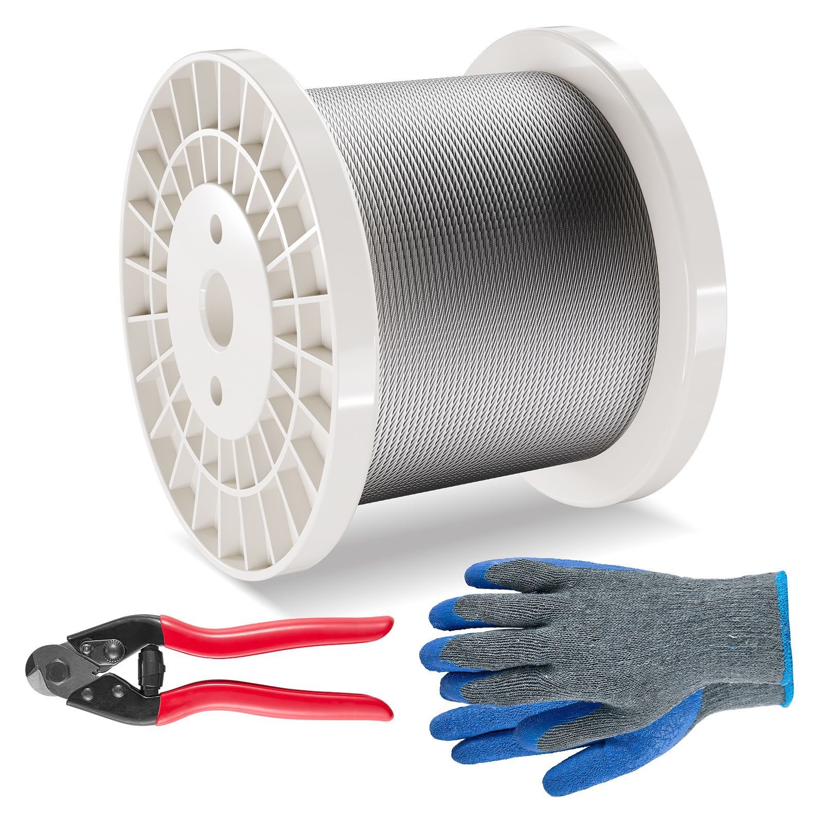wire rope kit, 1/8" 600 ft 316 stainless steel cable with cutter and gloves, 1600 lbs breaking strength, 7x7 strands construction marine aircraft grade for handrail stair decking fence outdoors