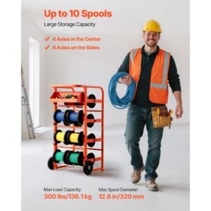 wire spool rack, 11 rods, multi spool wire rack dispenser, cable caddy with wheels, cable holder with storage tray for wiring storage, for electrical, industrial & retail use, working efficiency