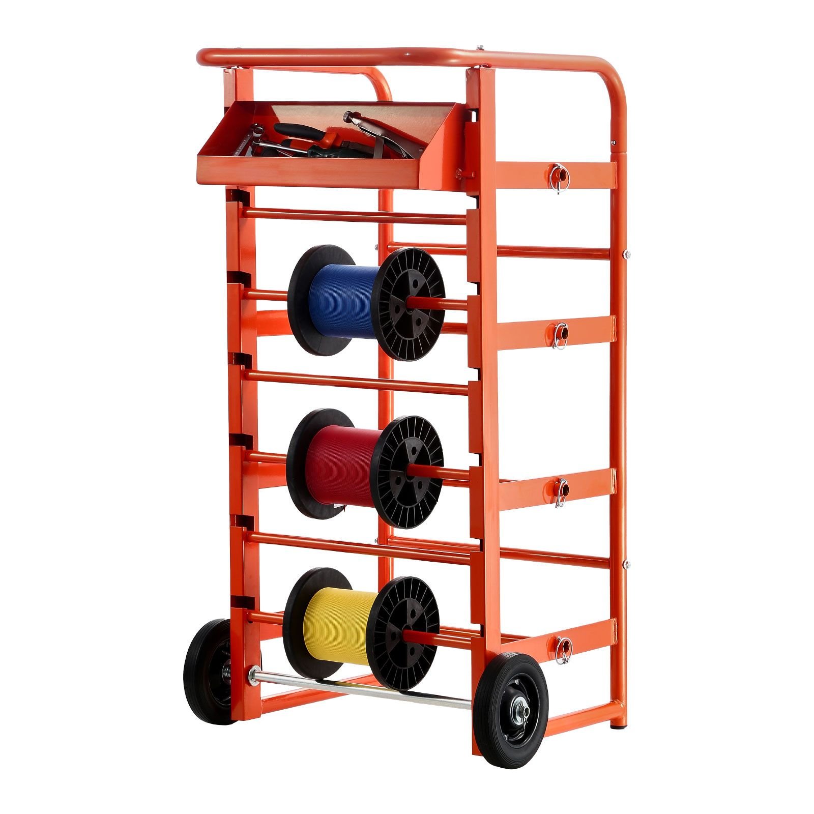 wire spool rack, 11 rods, multi spool wire rack dispenser, cable caddy with wheels, cable holder with storage tray for wiring storage, for electrical, industrial & retail use, working efficiency