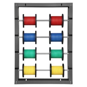 wire spool rack, 4 adjustable rods, cold rolled steel wire spool holder wall mounted for multi spools, wiring storage, 150 lbs capacity cable dispenser, for electrical industrial retail use