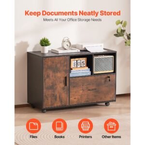 wood file cabinet, mobile filing cabinet with open shelves, lockable lateral rolling file storage with adjustable shelves, free standing printer stand for home, office, school, rustic brown