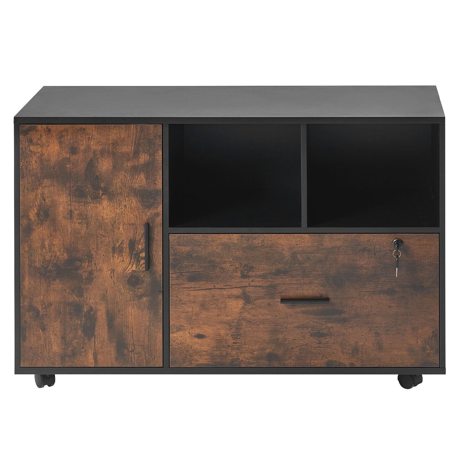 wood file cabinet, mobile filing cabinet with open shelves, lockable lateral rolling file storage with adjustable shelves, free standing printer stand for home, office, school, rustic brown