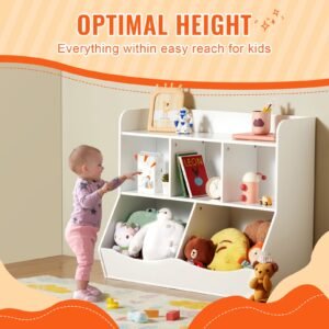 wood kid storage cubby, toy storage organizer with bookshelf, 5 cubby wood toy storage cabinet, children book toy shelf for kids room, playroom, kindergarten, nursery, white
