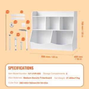 wood kid storage cubby, toy storage organizer with bookshelf, 5 cubby wood toy storage cabinet, children book toy shelf for kids room, playroom, kindergarten, nursery, white