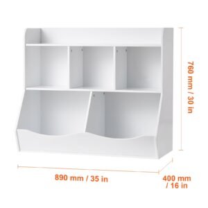 wood kid storage cubby, toy storage organizer with bookshelf, 5 cubby wood toy storage cabinet, children book toy shelf for kids room, playroom, kindergarten, nursery, white