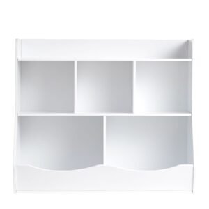 wood kid storage cubby, toy storage organizer with bookshelf, 5 cubby wood toy storage cabinet, children book toy shelf for kids room, playroom, kindergarten, nursery, white