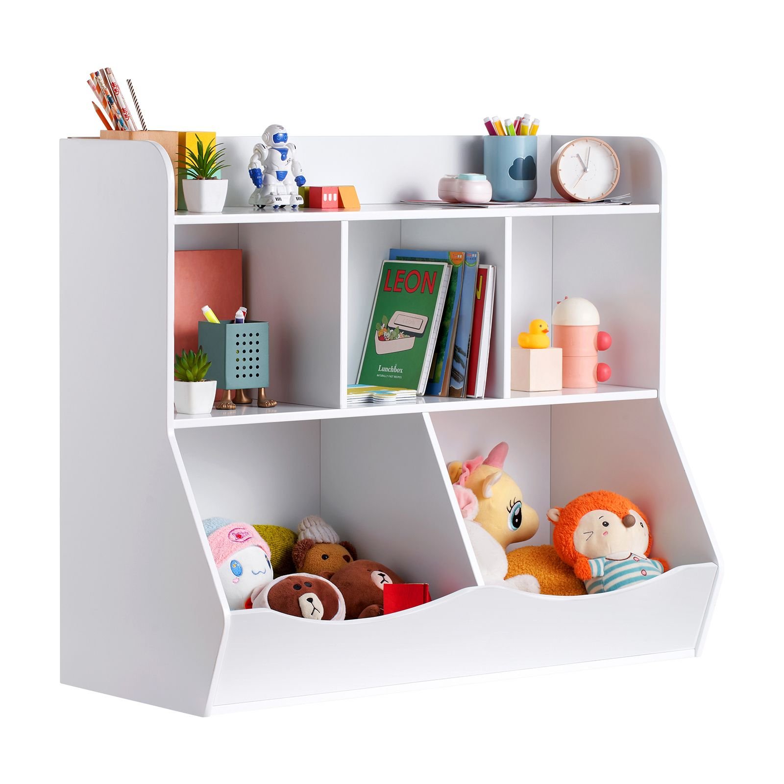 wood kid storage cubby, toy storage organizer with bookshelf, 5 cubby wood toy storage cabinet, children book toy shelf for kids room, playroom, kindergarten, nursery, white
