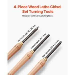 wood lathe turning tool set, 4pcs, lathe roughing finishing and detailing hollow tool with wooden handle, diamond round square carbide inserts, wooden box, for beginners hobbyists professionals