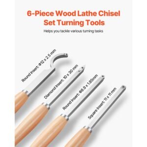 wood lathe turning tool set, 6pcs, lathe roughing, finishing, detailing hollow tool with wooden handle, diamond round square carbide inserts, wooden box, for beginners, hobbyists, professionals