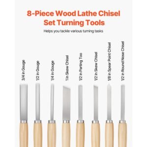 wood lathe turning tool set, 8pcs, lathe chisel set with carbon steel blade, 2 skew, 1 spear point, 1 parting, 1 round nose, 3 gouge tools, 1 oxford bag, for beginners, hobbyists, professionals