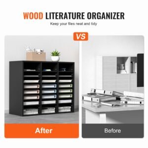 wood literature organizer, 24 compartments, file sorter with removable shelves, mailboxes slot for office home classroom mailrooms organization, epa certified, black