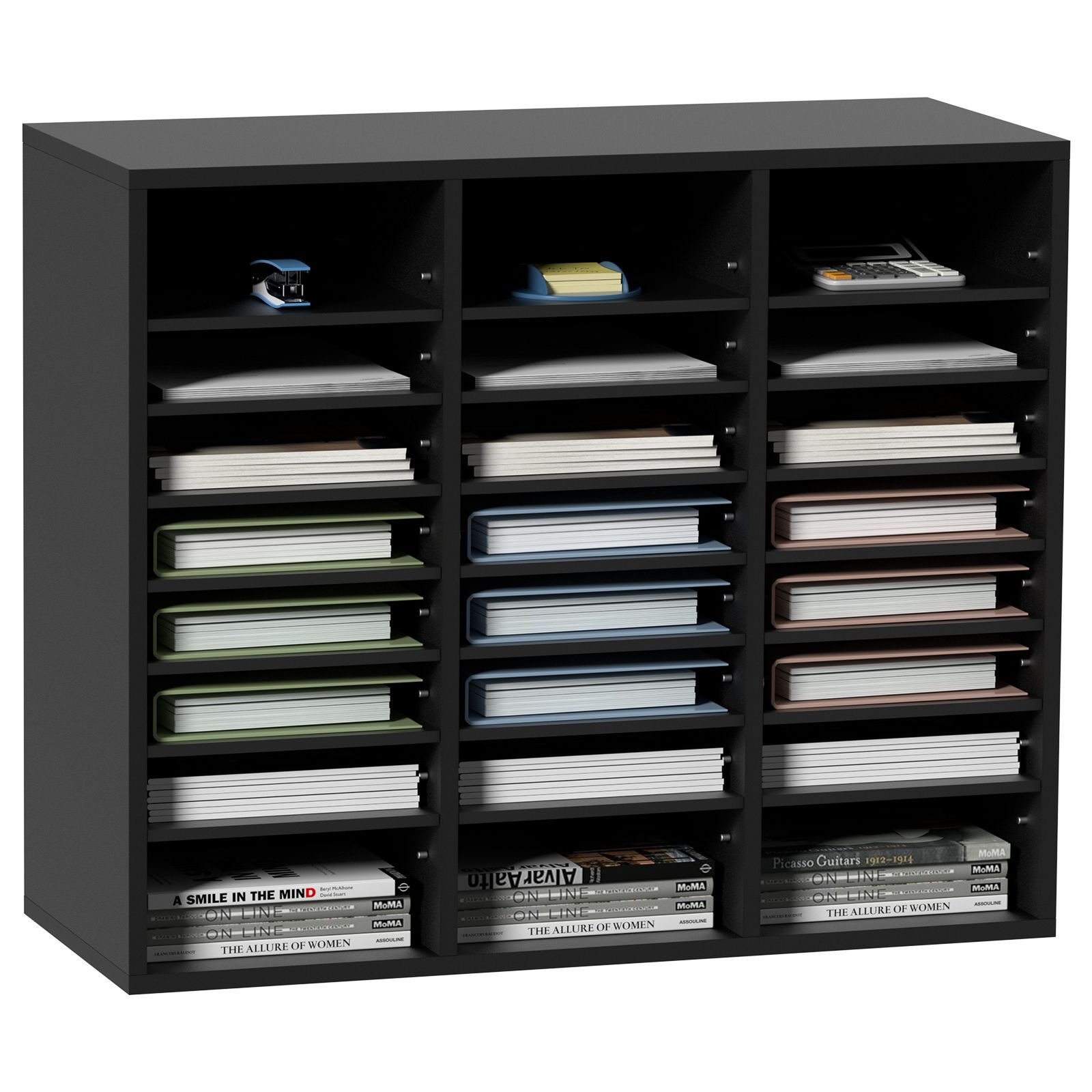 wood literature organizer, 24 compartments, file sorter with removable shelves, mailboxes slot for office home classroom mailrooms organization, epa certified, black