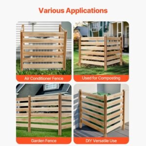 wood privacy fence, 38" w x 36" l, 3 panel slatted air conditioner fence screen, pool equipment enclosure with metal stakes, easy diy installation, outdoor trash can hider for garden decoration