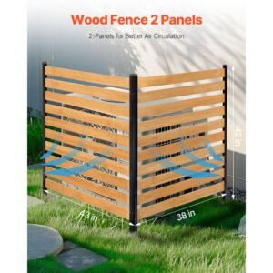 wood privacy fence, 38" w x 42" l, 2 panel slatted air conditioner fence screen, pool equipment enclosure with metal stakes, easy diy installation, outdoor trash can hider for garden decoration