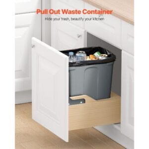 wood pullout trash can for kitchen cabinets, 35 qt garbage waste recycling bin, under mount waste container, with heavy duty metal soft close sliding system, door kit, for sink, under counter