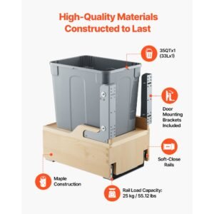 wood pullout trash can for kitchen cabinets, 35 qt garbage waste recycling bin, under mount waste container, with heavy duty metal soft close sliding system, door kit, for sink, under counter