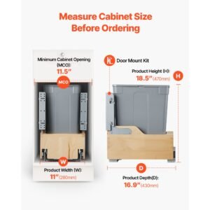 wood pullout trash can for kitchen cabinets, 35 qt garbage waste recycling bin, under mount waste container, with heavy duty metal soft close sliding system, door kit, for sink, under counter
