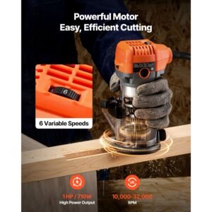 wood router, 1 hp 710w, variable speed palm router tool with soft start, compact wood edge trimmer with fixed base & 1/4 inch collet, dust hood, for woodworking, trimming, diy projects, corded