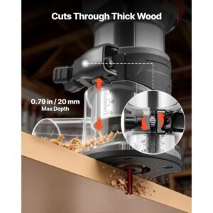 wood router, 1 hp 710w, variable speed palm router tool with soft start, compact wood edge trimmer with fixed base & 1/4 inch collet, dust hood, for woodworking, trimming, diy projects, corded