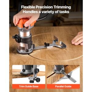 wood router, 1 hp 710w, variable speed palm router tool with soft start, compact wood edge trimmer with fixed base & 1/4 inch collet, dust hood, for woodworking, trimming, diy projects, corded