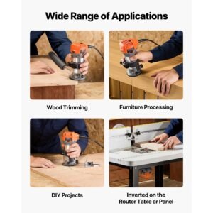 wood router, 1 hp 710w, variable speed palm router tool with soft start, compact wood edge trimmer with fixed base & 1/4 inch collet, dust hood, for woodworking, trimming, diy projects, corded