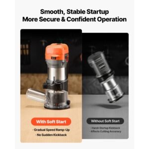 wood router, 1 hp 710w, variable speed palm router tool with soft start, compact wood edge trimmer with fixed base & 1/4 inch collet, dust hood, for woodworking, trimming, diy projects, corded