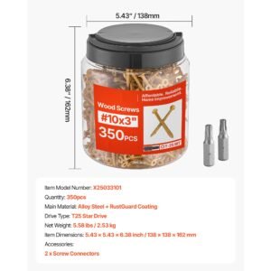 wood screws 350 pcs, #10 x 3 inch anti rust coated, exterior deck screw torx/t25 star drive, metal rust resistant outdoor decking screws with 2 screw connectors, for decking fencing framing