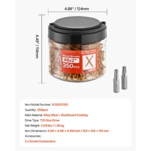 wood screws 350 pcs, #8 x 2 inch anti rust coated, exterior deck screw torx/t25 star drive, metal rust resistant outdoor decking screws with 2 screw connectors, for decking fencing framing