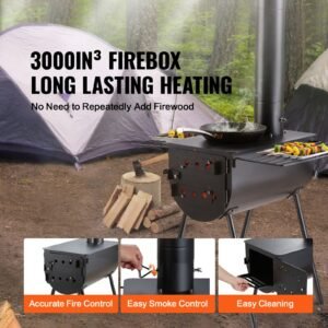 wood stove, 118 inch, alloy steel camping tent stove, portable wood burning stove with chimney pipes & gloves, 3000in³firebox hot tent stove for outdoor cooking and heating with 8 pipes