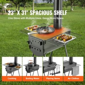 wood stove, 118 inch, alloy steel camping tent stove, portable wood burning stove with chimney pipes & gloves, 3000in³firebox hot tent stove for outdoor cooking and heating with 8 pipes