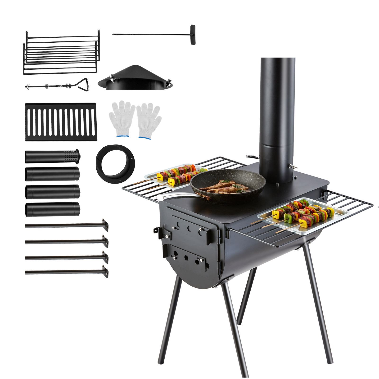 wood stove, 118 inch, alloy steel camping tent stove, portable wood burning stove with chimney pipes & gloves, 3000in³firebox hot tent stove for outdoor cooking and heating with 8 pipes