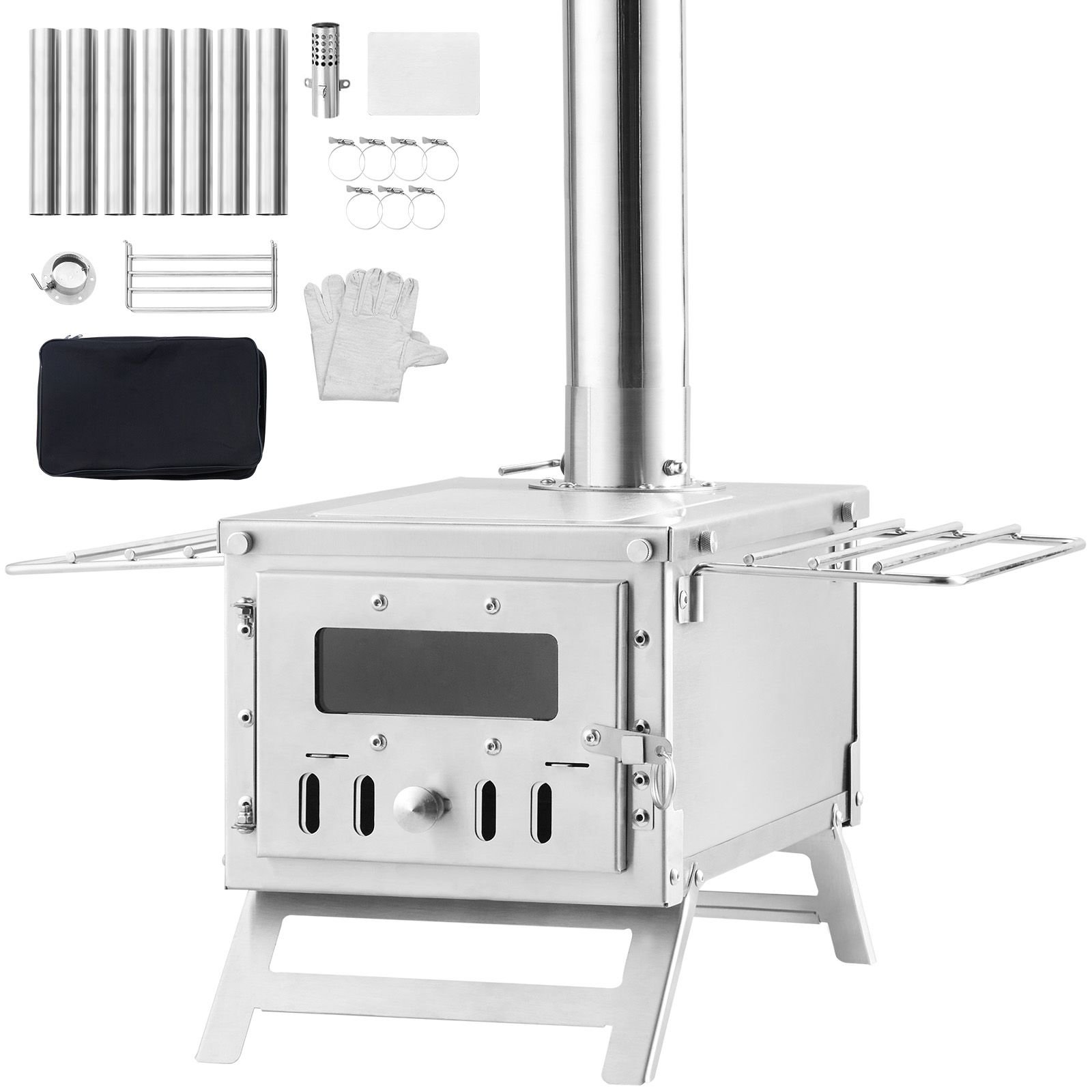 wood stove, 80 inch, stainless steel camping tent stove, portable wood burning stove with chimney pipes & gloves, 700in³firebox hot tent stove for outdoor cooking and heating with 8 pipes