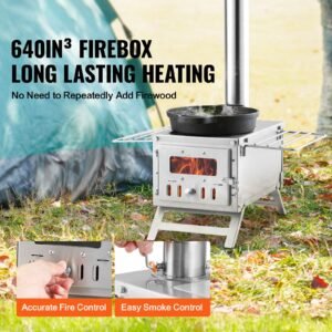 wood stove, 80 inch, stainless steel camping tent stove, portable wood burning stove with chimney pipes & gloves, 700in³firebox hot tent stove for outdoor cooking and heating with 8 pipes