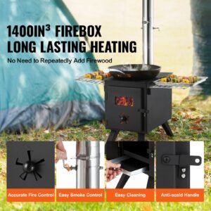 wood stove, 86 inch, alloy steel camping tent stove, portable wood burning stove with chimney pipes & gloves, 1400in³firebox hot tent stove for outdoor cooking and heating with 8 pipes