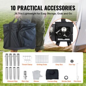 wood stove, 86 inch, alloy steel camping tent stove, portable wood burning stove with chimney pipes & gloves, 1400in³firebox hot tent stove for outdoor cooking and heating with 8 pipes