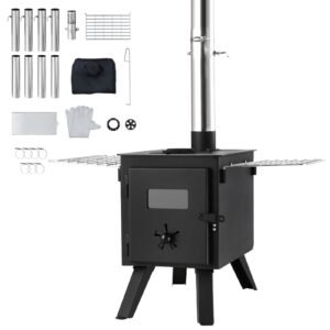 Wood Stove, 86 inch, Alloy Steel Camping Tent Stove, Portable Wood Burning Stove with Chimney Pipes & Gloves, 1400in³Firebox Hot Tent Stove for Outdoor Cooking and Heating with 8 Pipes